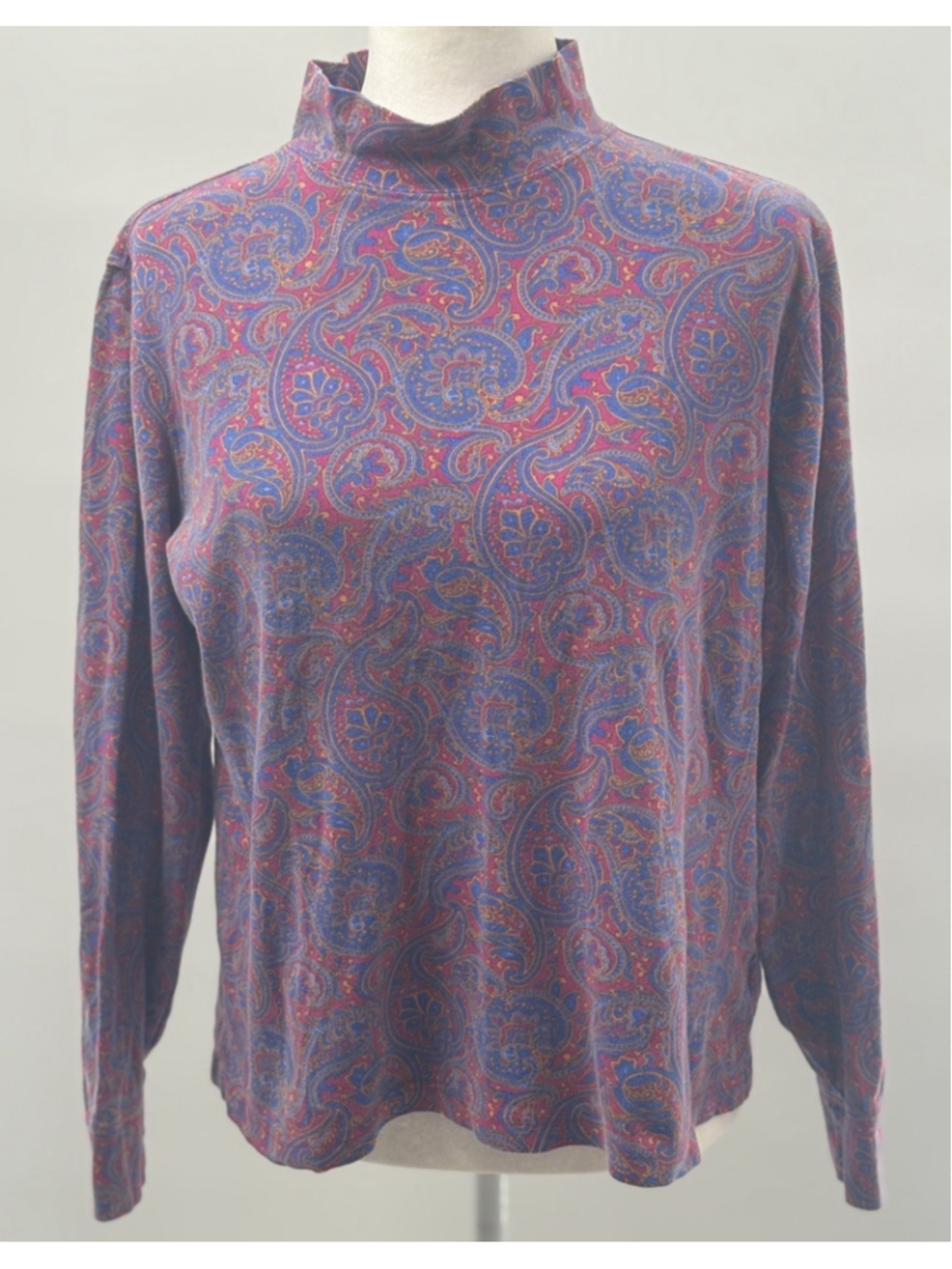 Lands End Womens Small Paisley Mock Turtleneck Top Cotton VTG Boho Cottagecore
